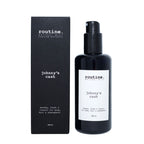 Routine Johnny's Cash Natural Mist - detailed product view showing black spray bottle with white label next to black packaging displaying woodsy fresh classic fragrance description for masculine daily use
