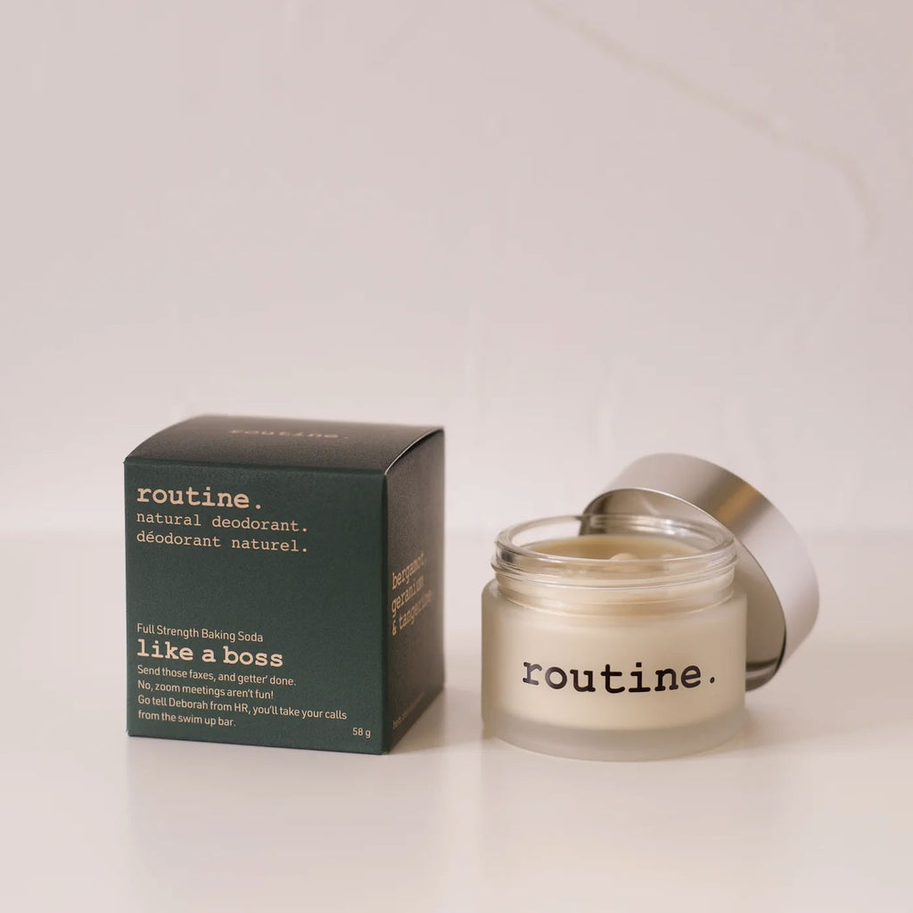 Routine Like a Boss natural deodorant - 58g glass jar with green packaging box showing cream-coloured deodorant formula - maximum strength baking soda formula for non-sensitive skin