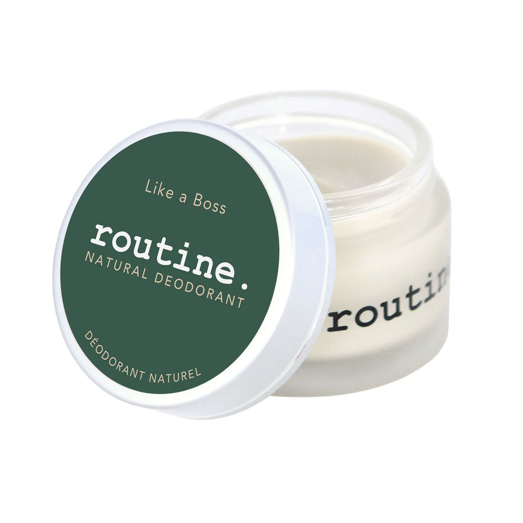 Routine Like a Boss deodorant jar - open container displaying smooth cream texture with green branded lid - natural bergamot and geranium scented formula