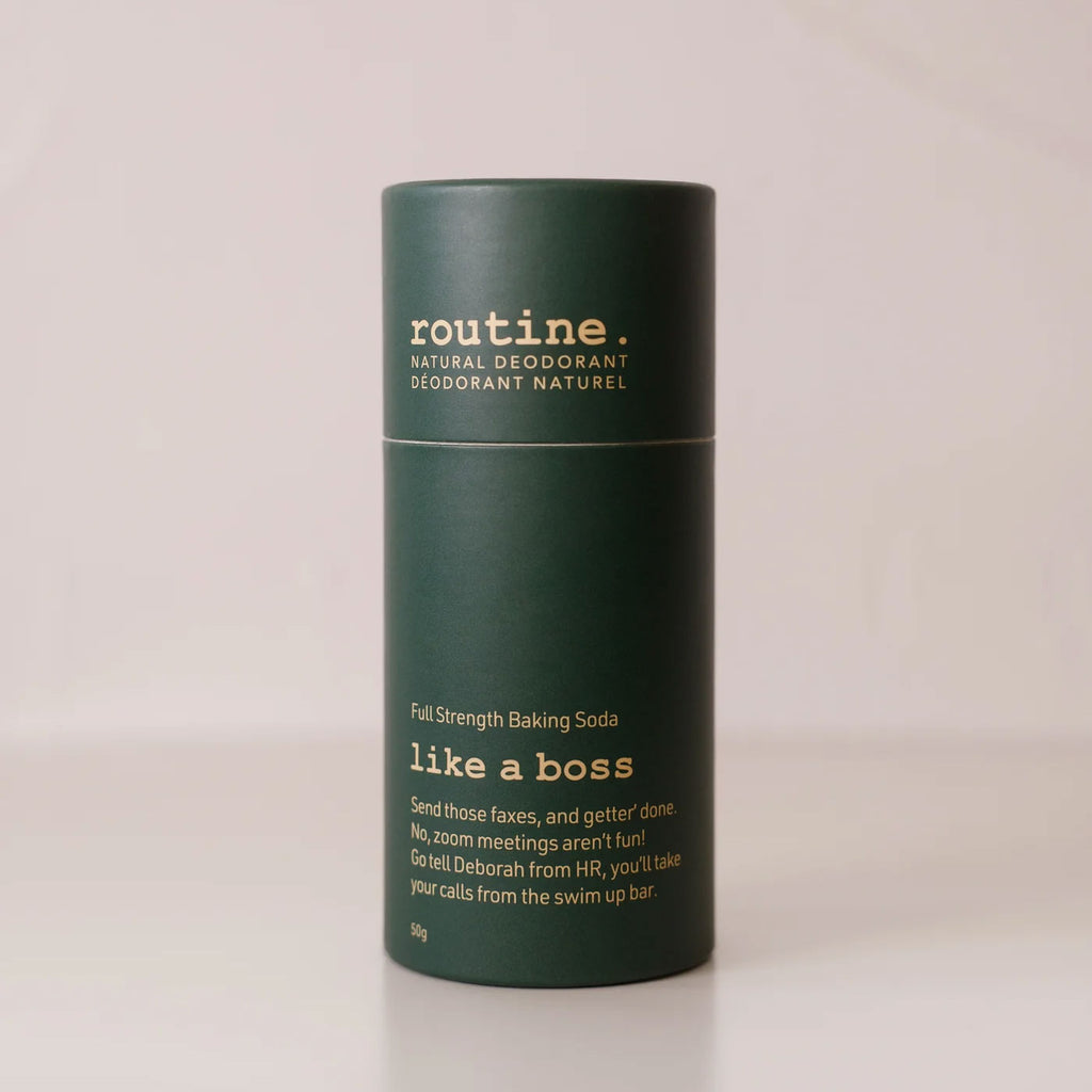 routine. Like A Boss Deodorant Stick being displayed on a clean surface showing recyclable paperboard tube.