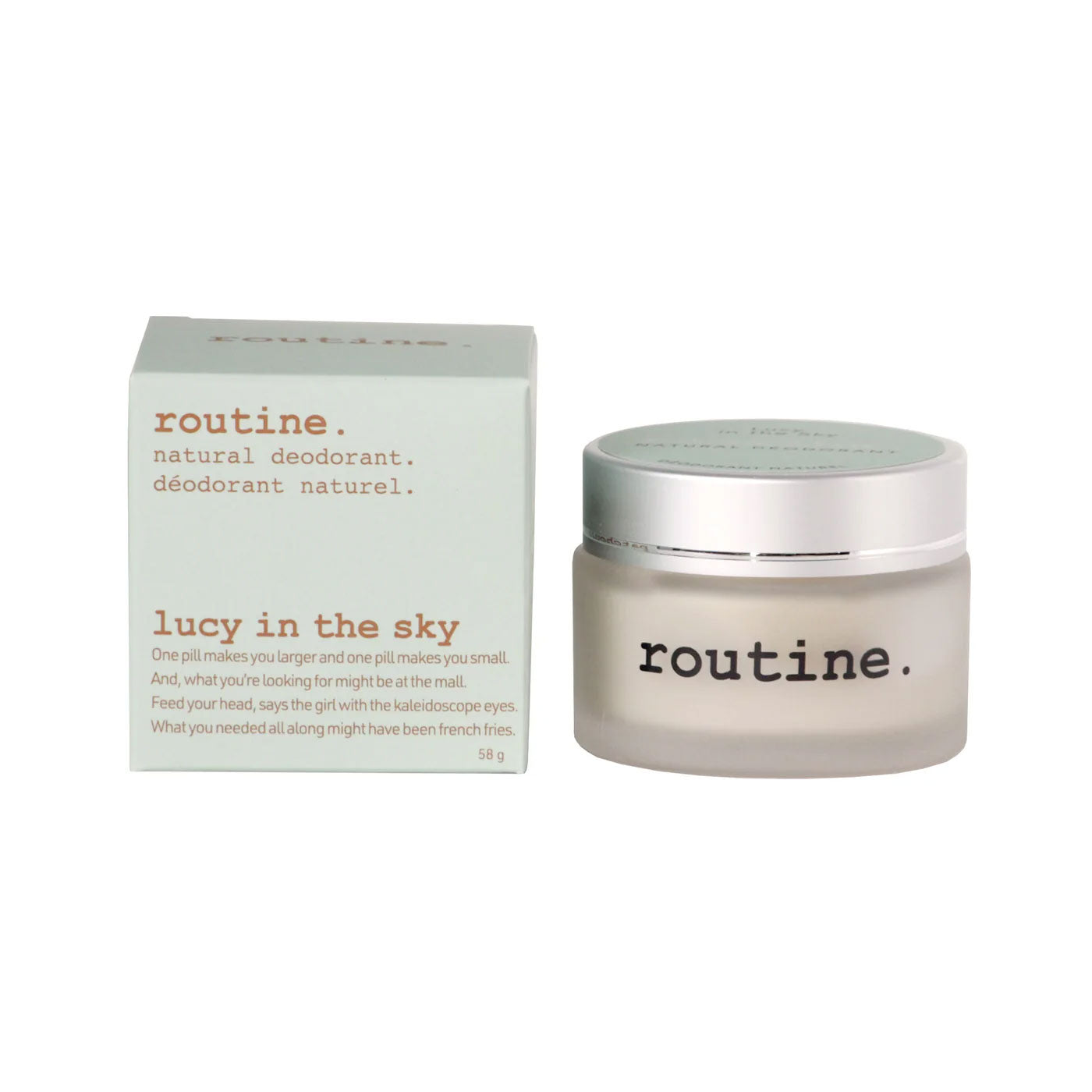 routine natural deodorant jar and packaging box in sage green colour showing Lucy in the Sky branding and 58g size specification for vegan formula