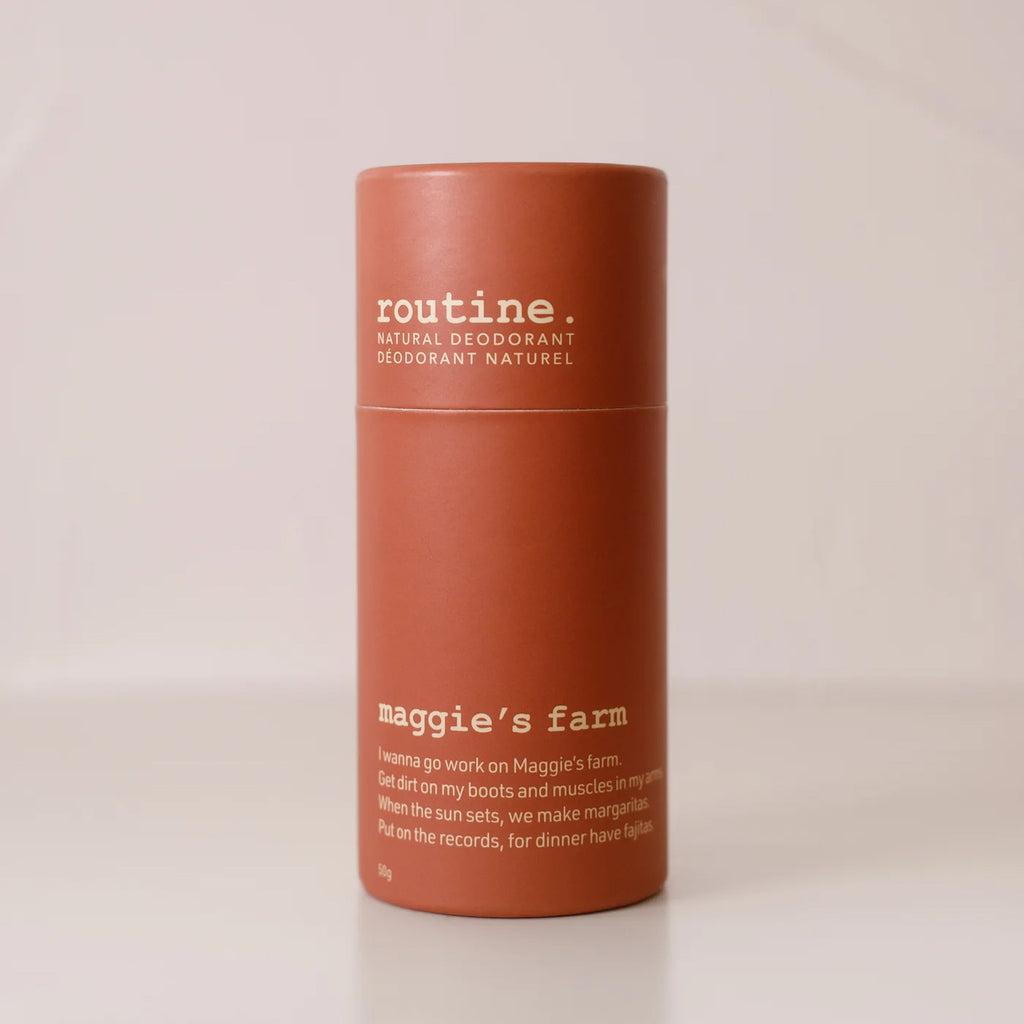 Routine Natural Beauty Maggie’s Farm deodorant stick standing upright, showing full product packaging and branding.