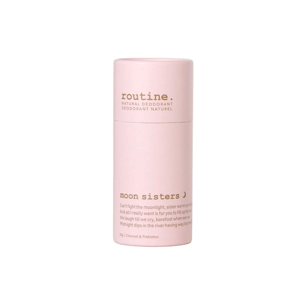 Routine Moon Sisters deodorant stick in pastel‑pink paper tube with brown foil brand, shown upright on a clean white background to highlight its minimalist packaging.
