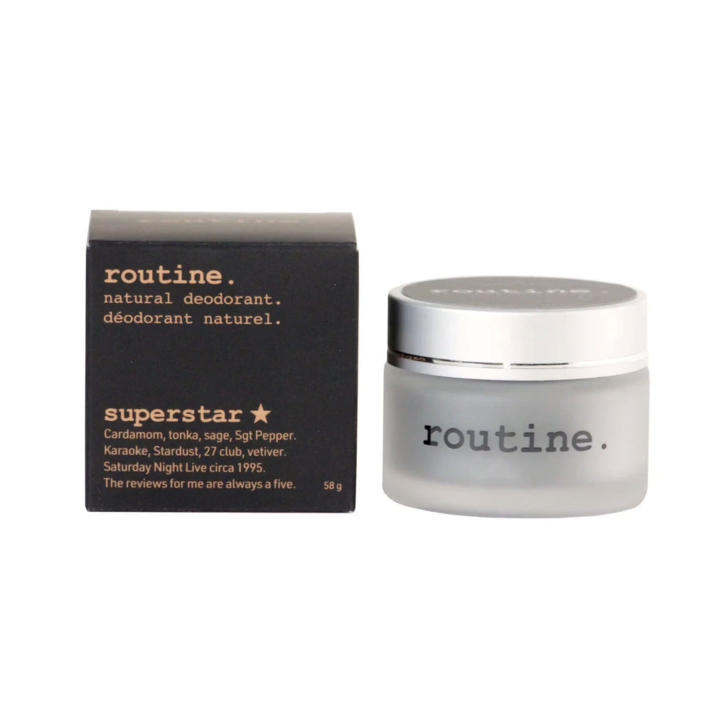 routine Superstar deodorant complete package - black box with glass jar showing 58g natural deodorant with activated charcoal and prebiotic ingredients