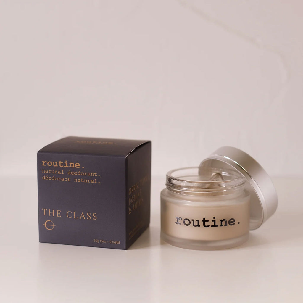 The Class luxury deodorant 50g jar with genuine quartz crystal and black packaging box - premium natural deodorant with crystal energy enhancement for transformative daily rituals