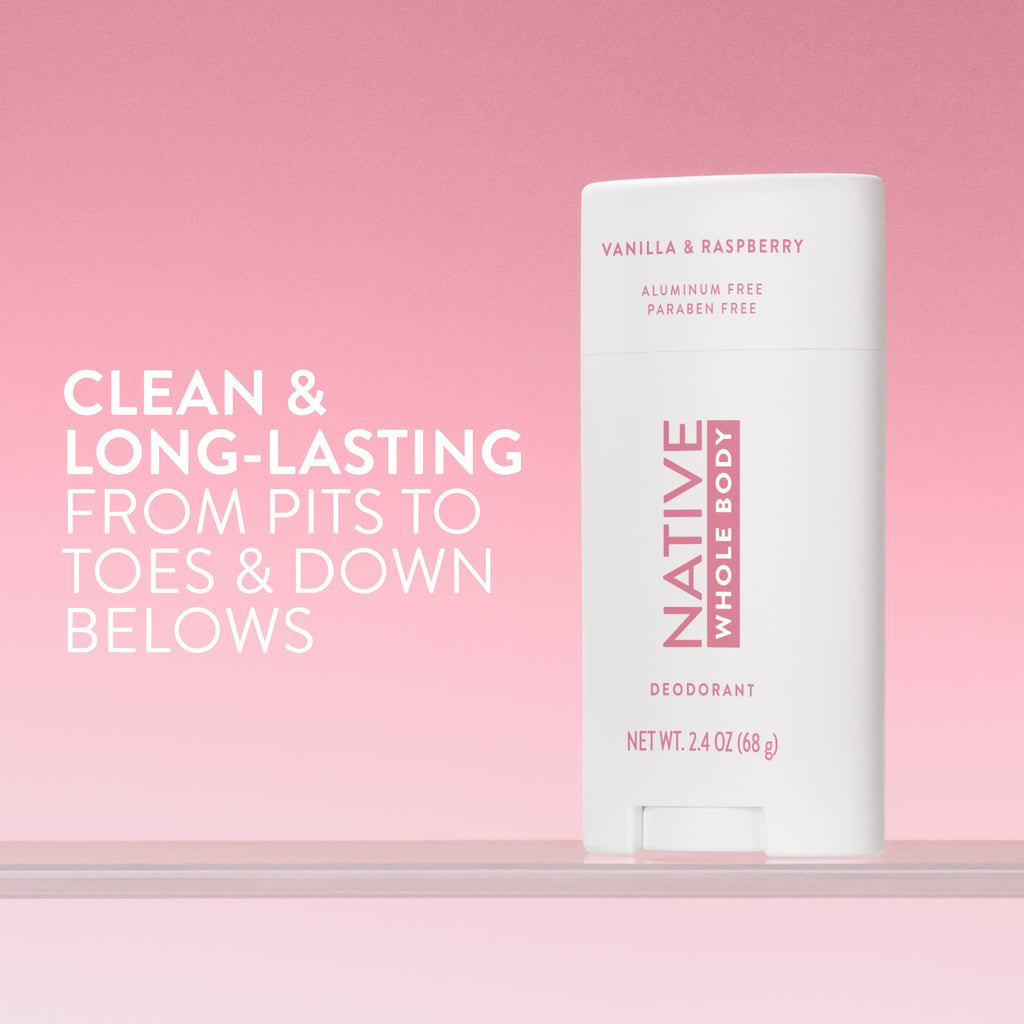 Native Whole Body Deodorant stick on a pink glass shelf, with text reading "Clean & long-lasting from pits to toes."