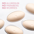 Five oval-shaped deodorant sticks, each embossed with a tiny heart, on a white background with pink text.