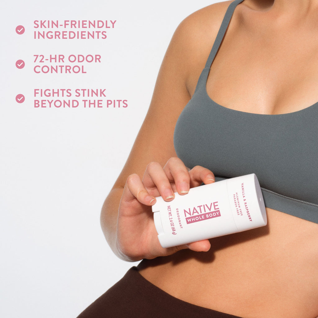 A person in a sports bra holds a Native deodorant stick against their stomach, beside three product benefit claims.