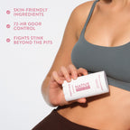 A person in a sports bra holds a Native deodorant stick against their stomach, beside three product benefit claims.