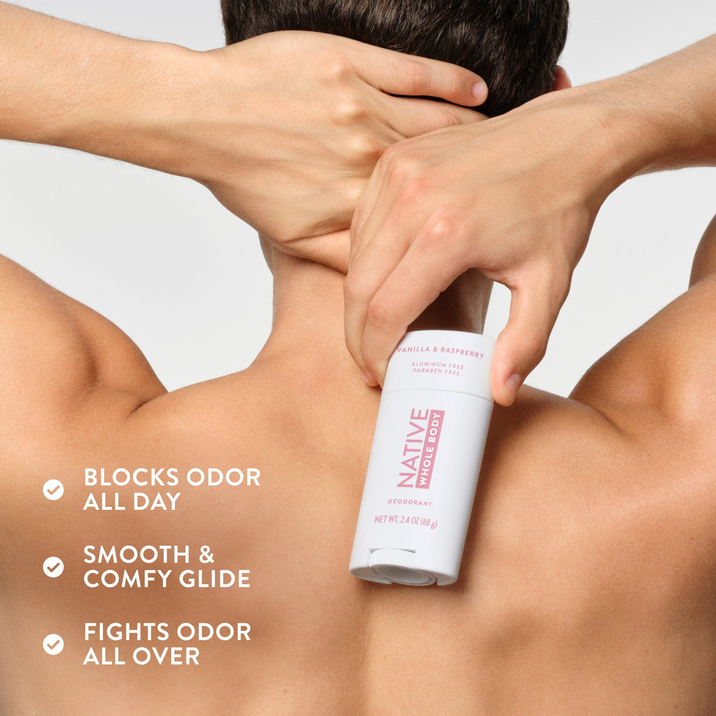 A person holding a Native deodorant stick against their bare back, with three text claims listed on the left.