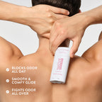 A person holding a Native deodorant stick against their bare back, with three text claims listed on the left.