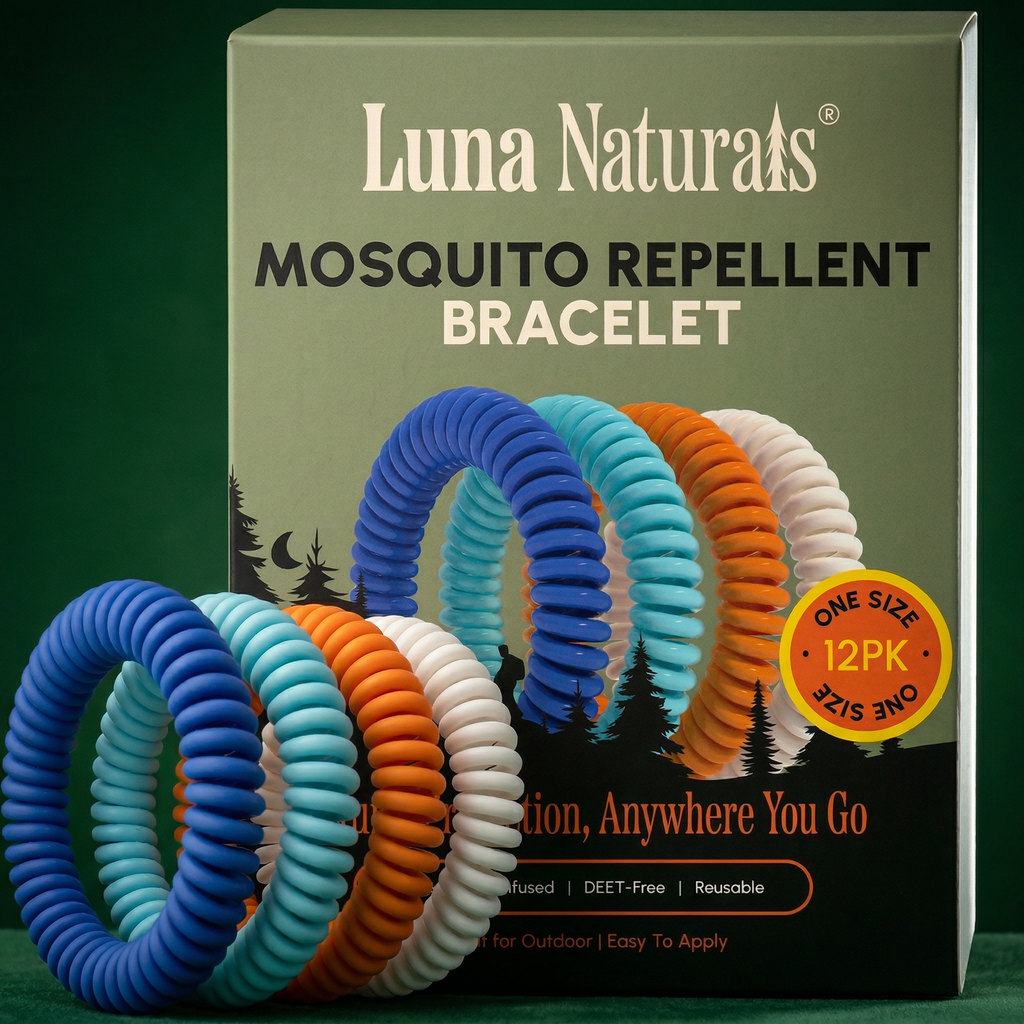 Coiled blue, teal, orange, and white mosquito repellent bracelets stacked in front of a green Luna Naturals 12-pack box.