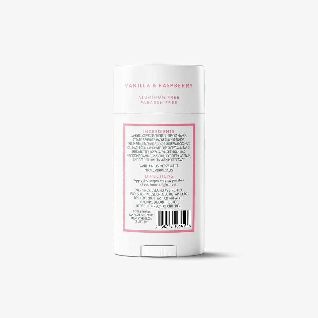 Back view of the Native deodorant stick showing the ingredients list, directions, and barcode on a white background.