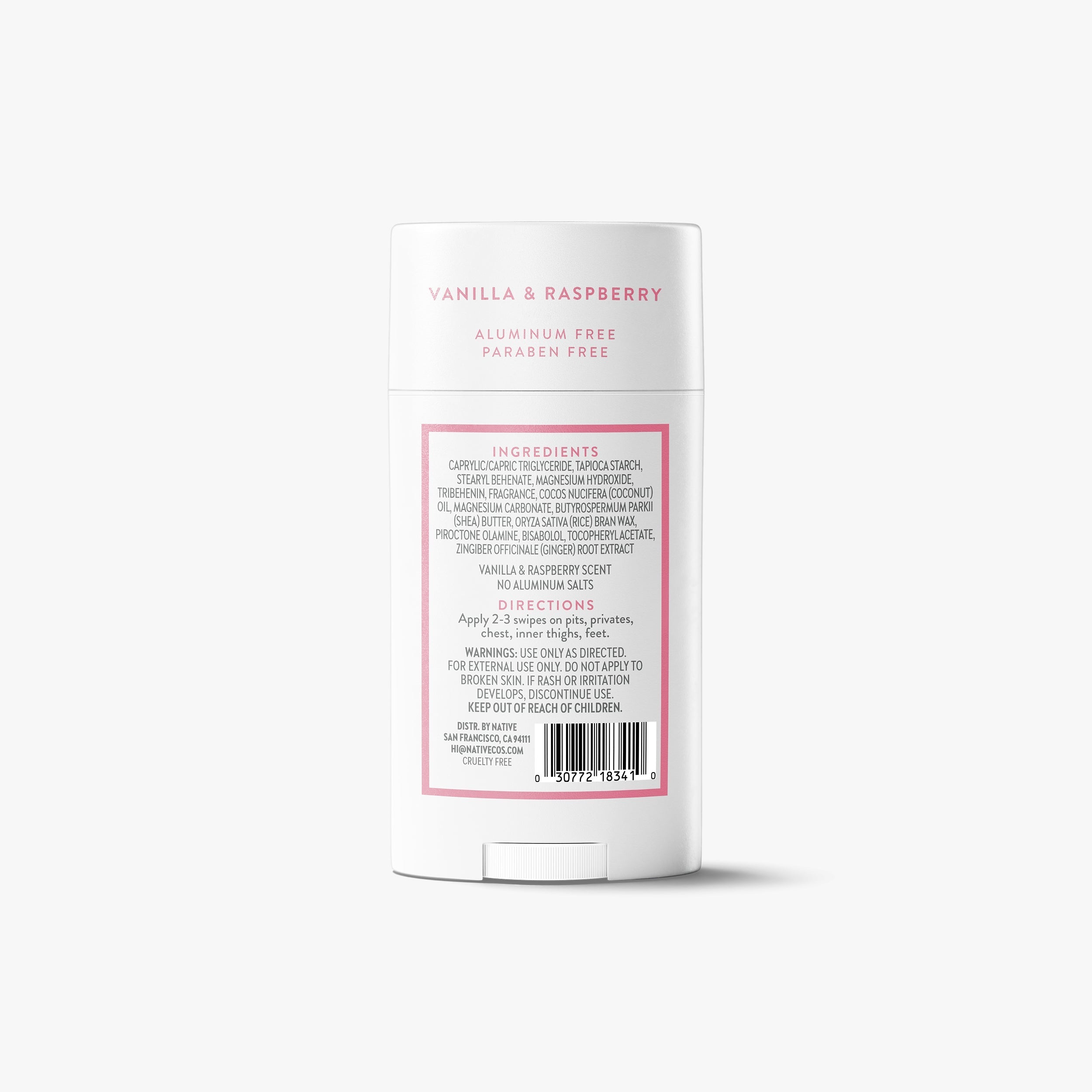 Back view of the Native deodorant stick showing the ingredients list, directions, and barcode on a white background.