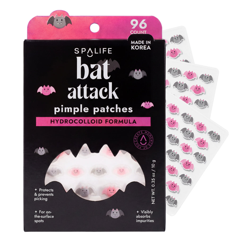 SpaLife Bat Attack 96-count pimple patches box beside sticker sheets of small pink and grey bat-shaped patches.