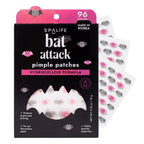 SpaLife Bat Attack 96-count pimple patches box beside sticker sheets of small pink and grey bat-shaped patches.