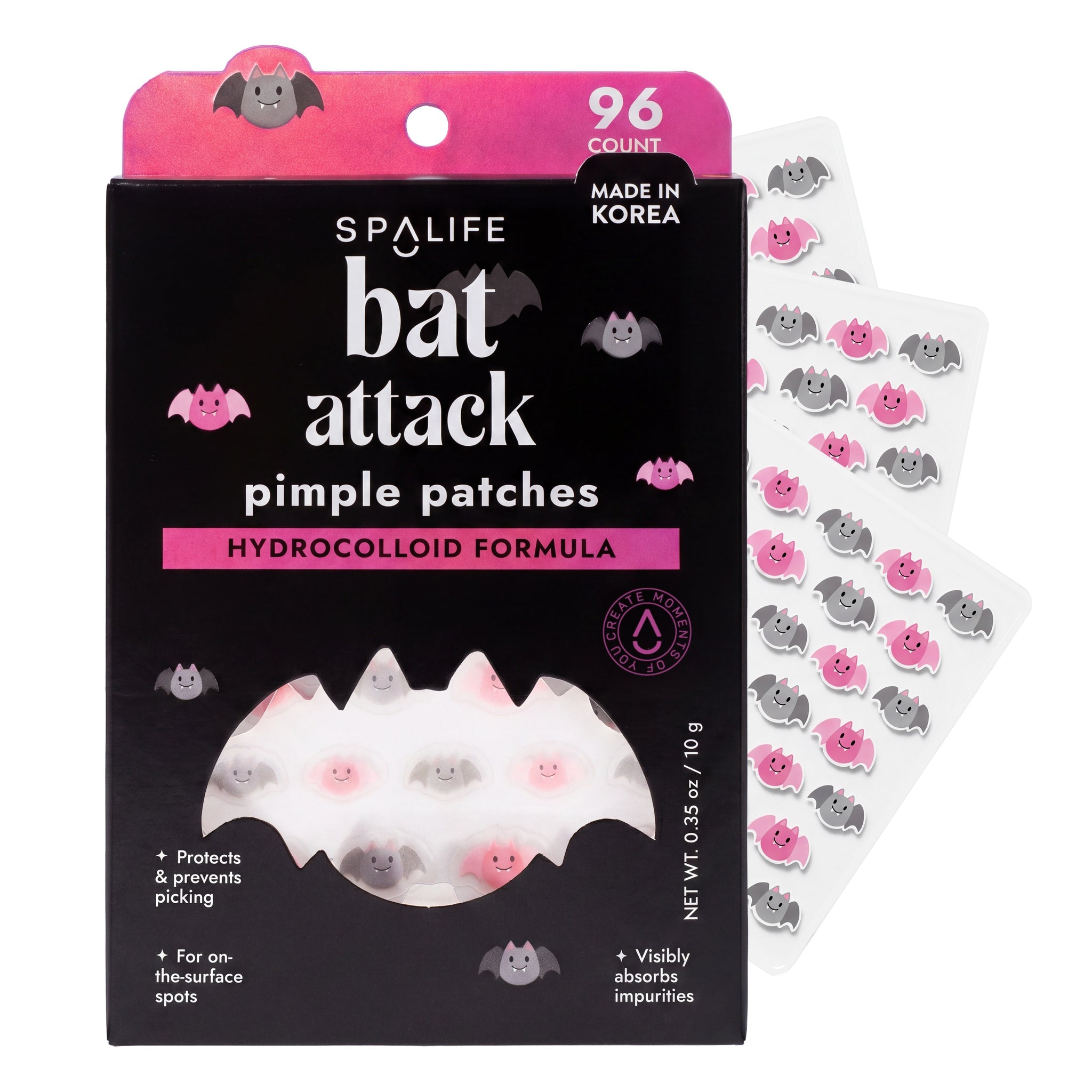SpaLife Bat Attack 96-count pimple patches box beside sticker sheets of small pink and grey bat-shaped patches.