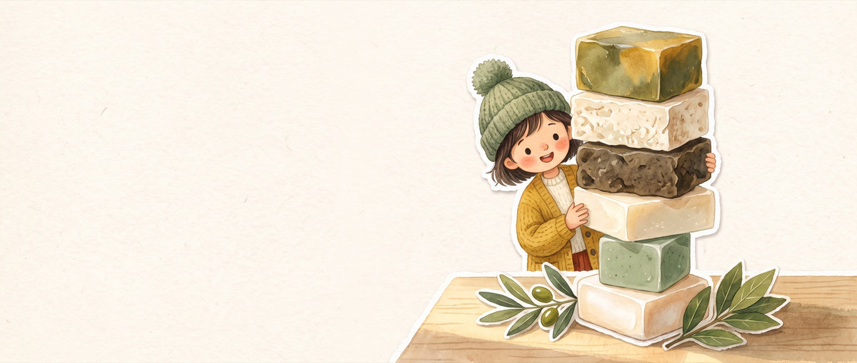 Paper-collage illustration of a child in a green knitted hat peeking out from behind a tall stack of six handmade soap bars, with olive and laurel sprigs on a wooden table