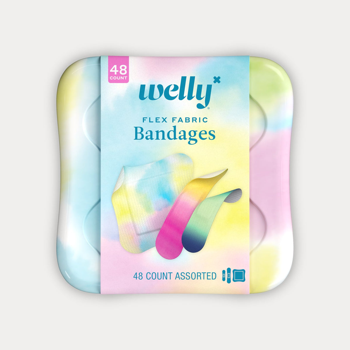 Front view of a pastel tie-dye Welly bandage tin wrapped in a paper label stating "Flex Fabric Bandages."
