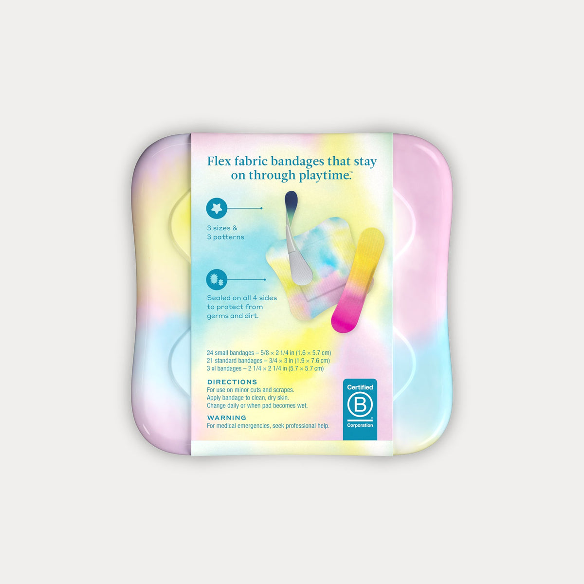 Back view of the Welly bandage tin showing instructions, sizes, and a Certified B Corp logo on the paper label.
