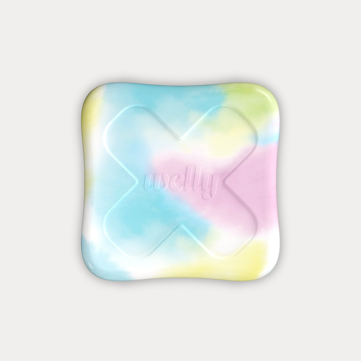 Front view of the closed square metal tin featuring a tie-dye pattern and an embossed X and "welly" logo.