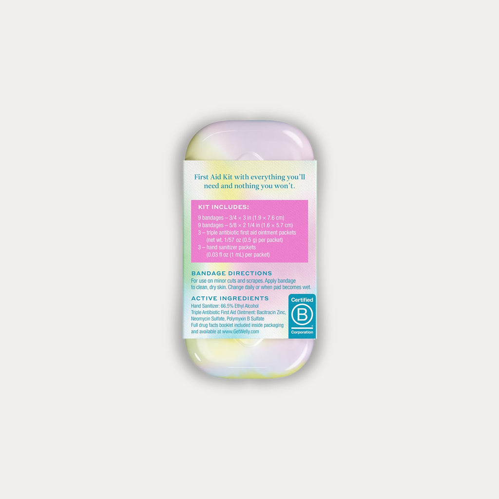 The back of the Welly First Aid Kit tin showing the pink and green product contents list on the paper wrapper.