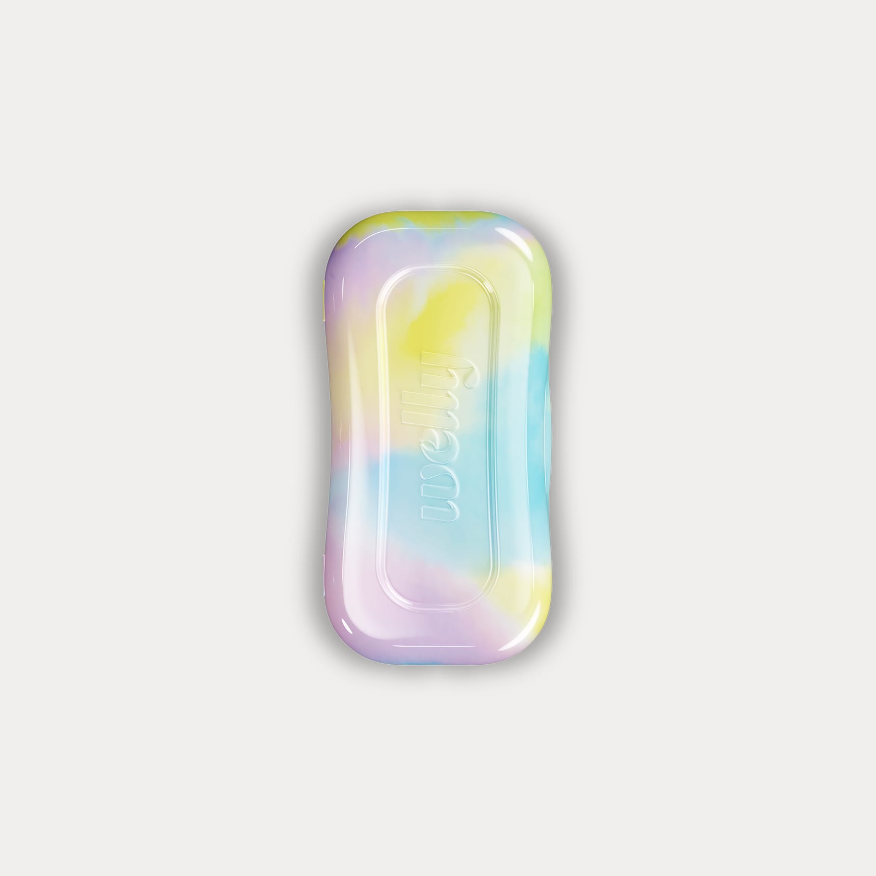Top-down view of the closed pastel tie-dye tin with the Welly brand name embossed on the lid.