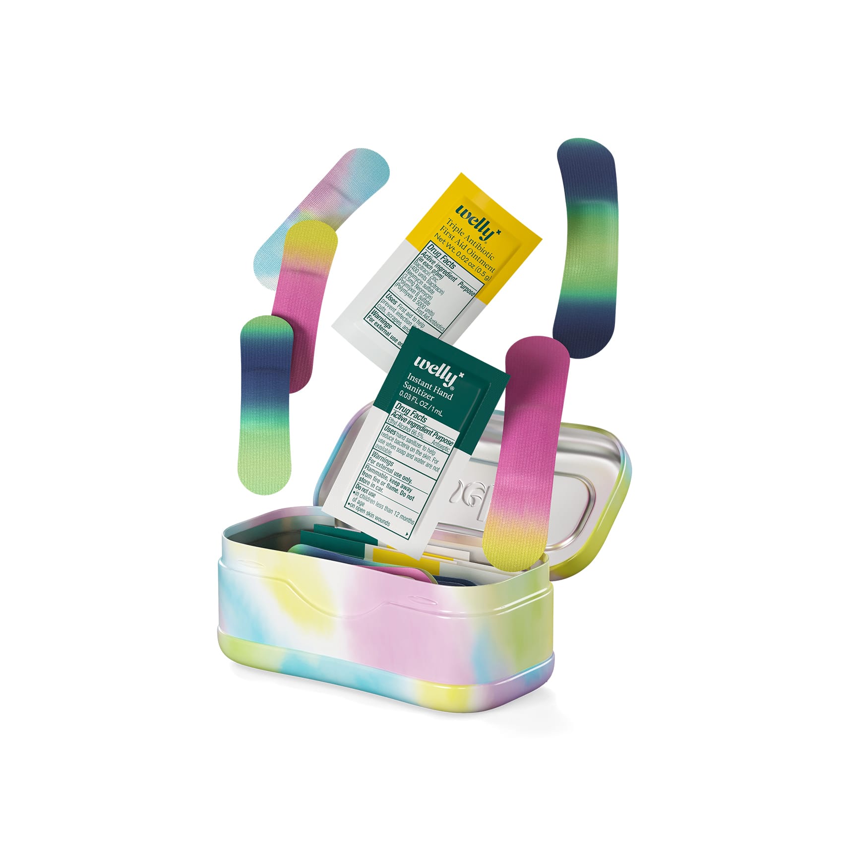Colourful fabric bandages and first aid packets seem to pop out of an open tie-dye Welly tin.