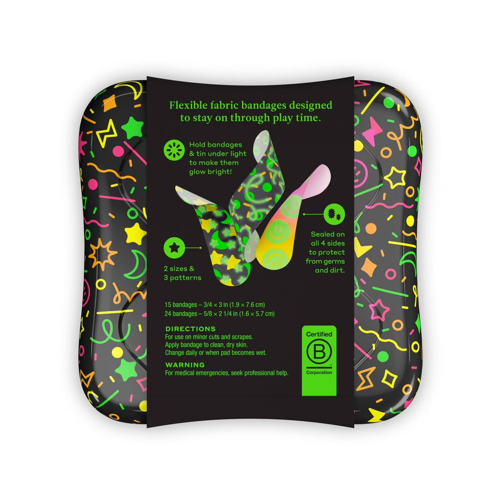 Back of Welly Glow Party bandage packaging showing 2 sizes, 3 patterns, sealed-on-4-sides feature, bandage dimensions, and Certified B Corporation logo