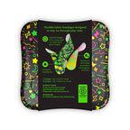 Back of Welly Glow Party bandage packaging showing 2 sizes, 3 patterns, sealed-on-4-sides feature, bandage dimensions, and Certified B Corporation logo