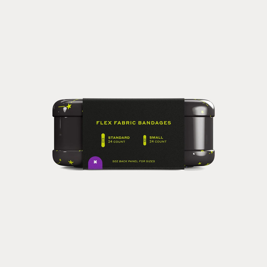 Side view of Welly Space bandages tin showing flex fabric bandages label with standard 24 count and small 24 count size indicators in yellow text