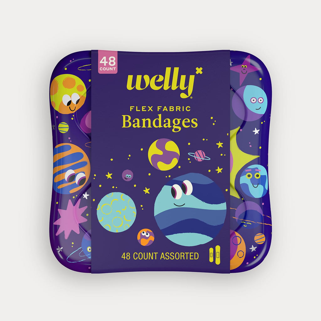 Front of a purple Welly flex fabric bandages tin featuring animated planets, wrapped in a paper band.