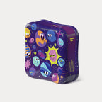 Three-quarter view of the purple Welly Planet Pals tin showing cartoon sun and planets printed across the lid and side.