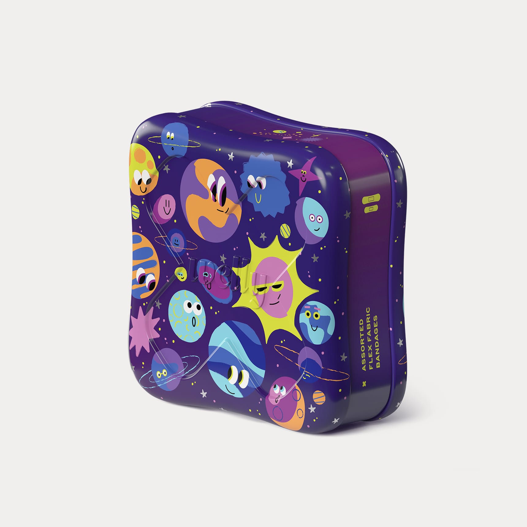 Three-quarter view of the purple Welly Planet Pals tin showing cartoon sun and planets printed across the lid and side.