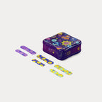 Purple Planet Pals tin alongside six assorted flex fabric bandages displayed in two sizes and three celestial prints.