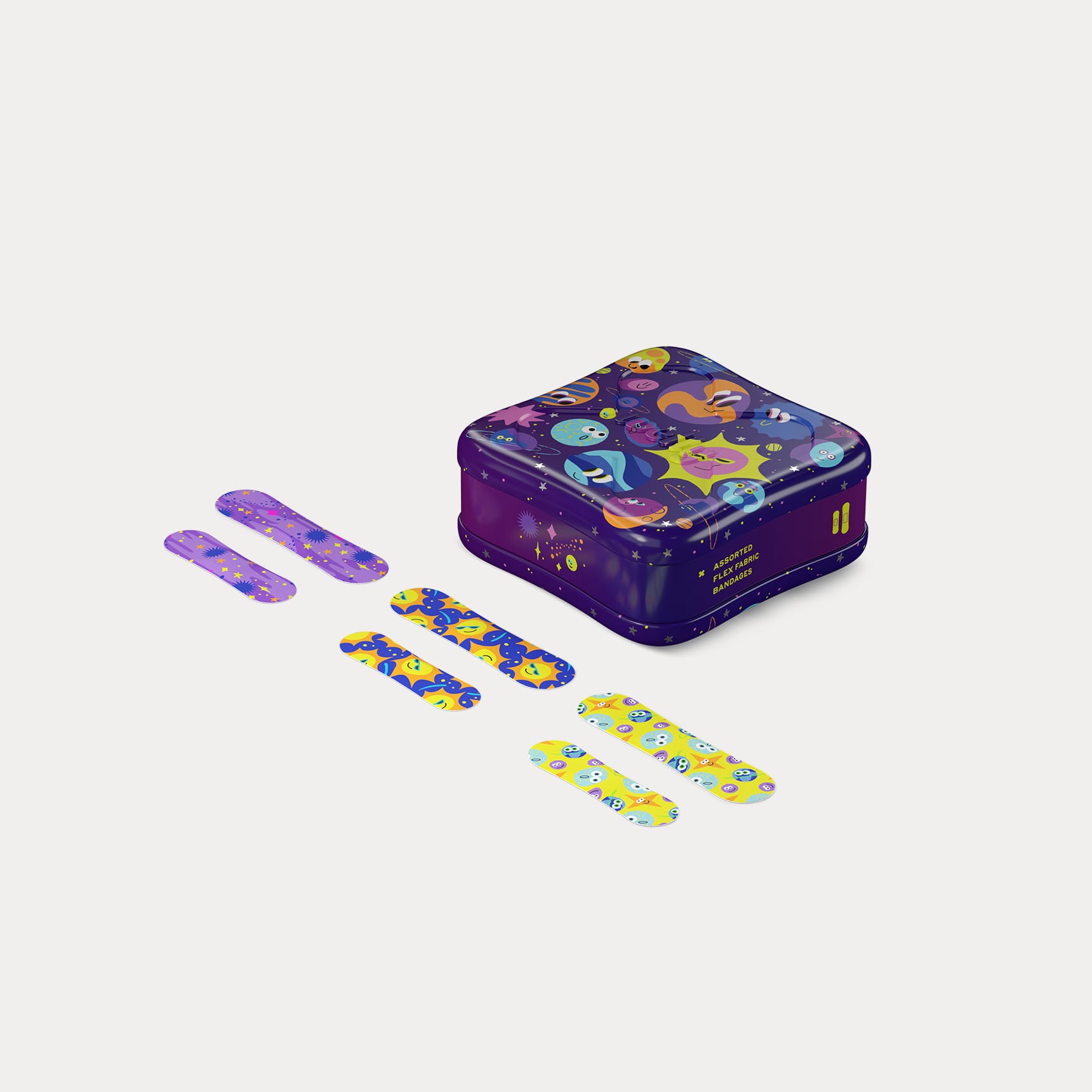 Purple Planet Pals tin alongside six assorted flex fabric bandages displayed in two sizes and three celestial prints.