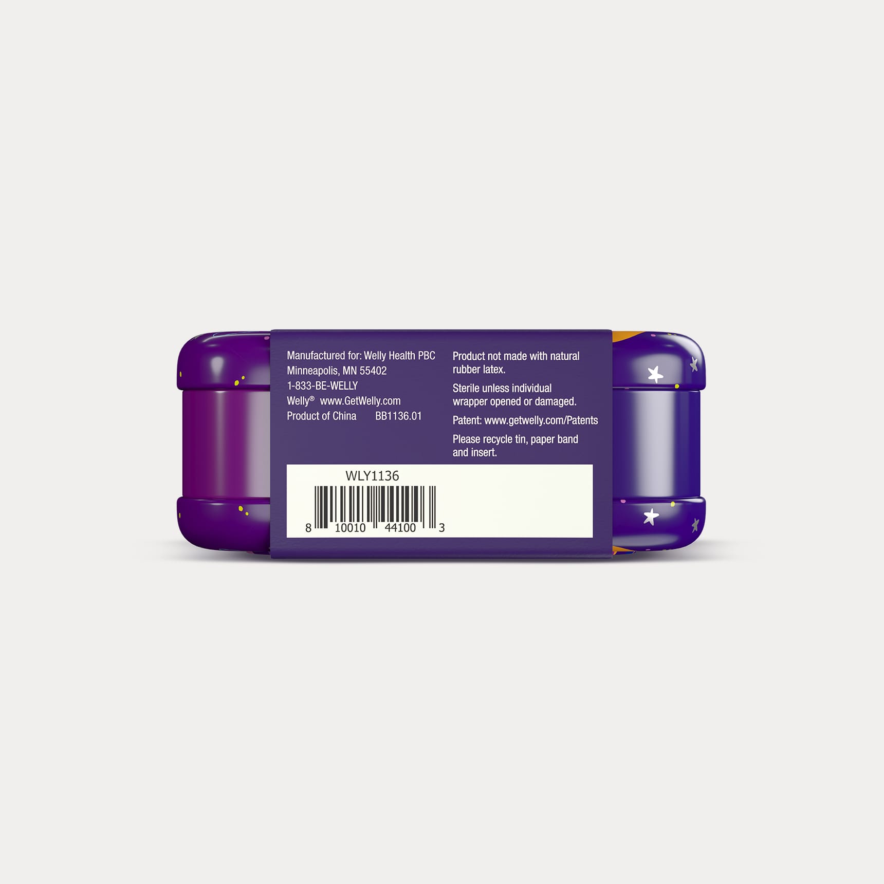 Underside view of the paper wrapper showing barcode, product details, and manufacturer information for Welly.