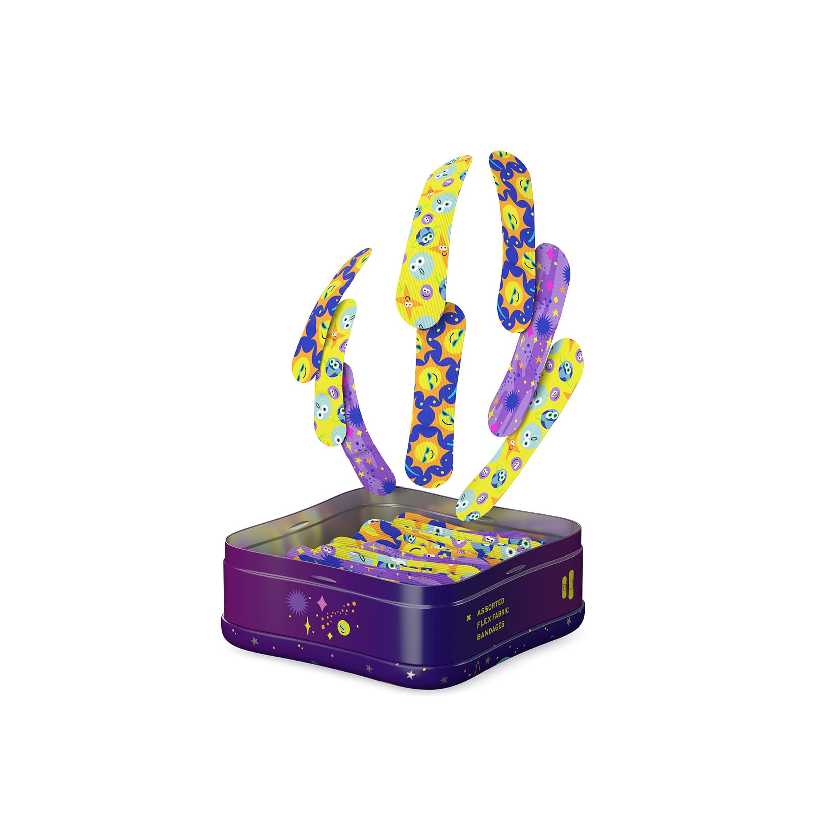Wide shot of an open Welly tin with colourful space-themed bandages floating out against a light grey background.