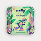 Front view of a Welly bandage tin wrapped in a light green sleeve featuring a cartoon roller-skating turtle.