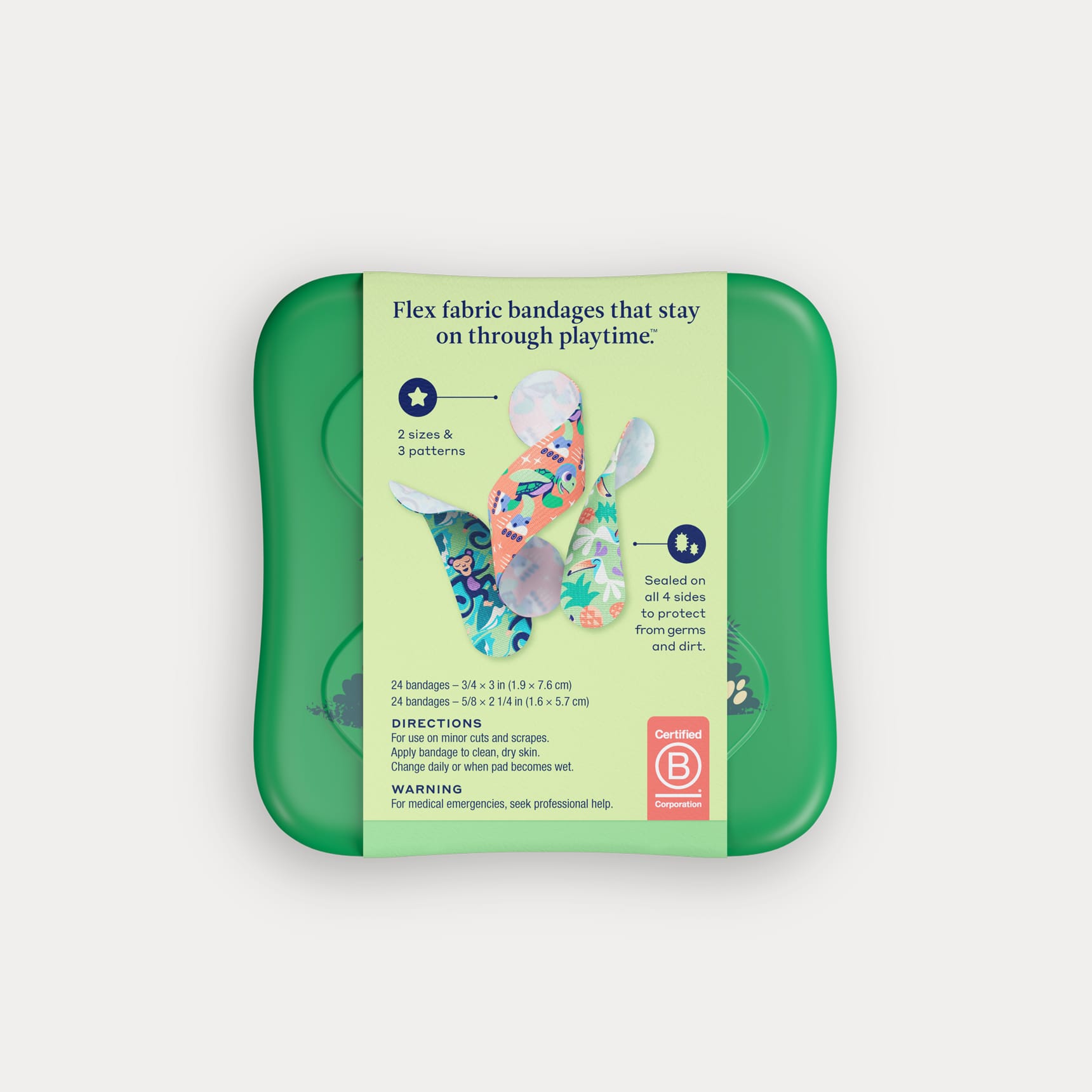 Back of the green Welly bandage tin showing instructions, bandage patterns, and a Certified B Corporation logo.