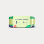 Side view of the paper sleeve on the green tin, detailing the standard and small bandage counts.