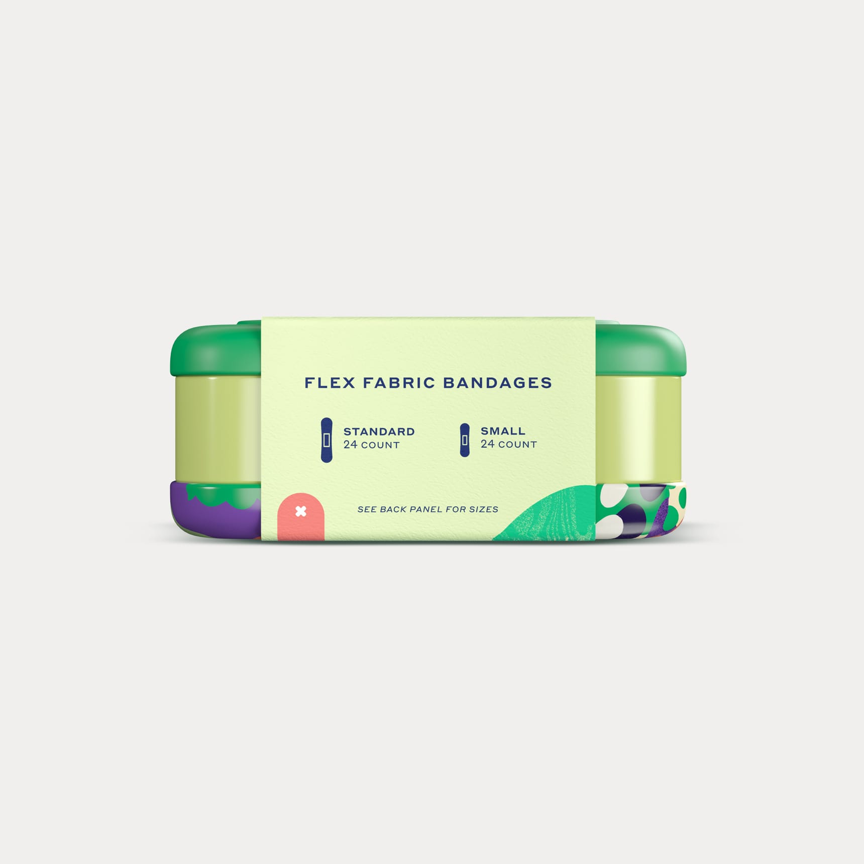 Side view of the paper sleeve on the green tin, detailing the standard and small bandage counts.