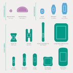 Sizing chart showing shapes and dimensions for Hydrocolloid, Waterproof, and Flex Fabric bandages.