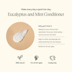 An infographic detailing the benefits of the eucalyptus and mint conditioner with three feature icons.