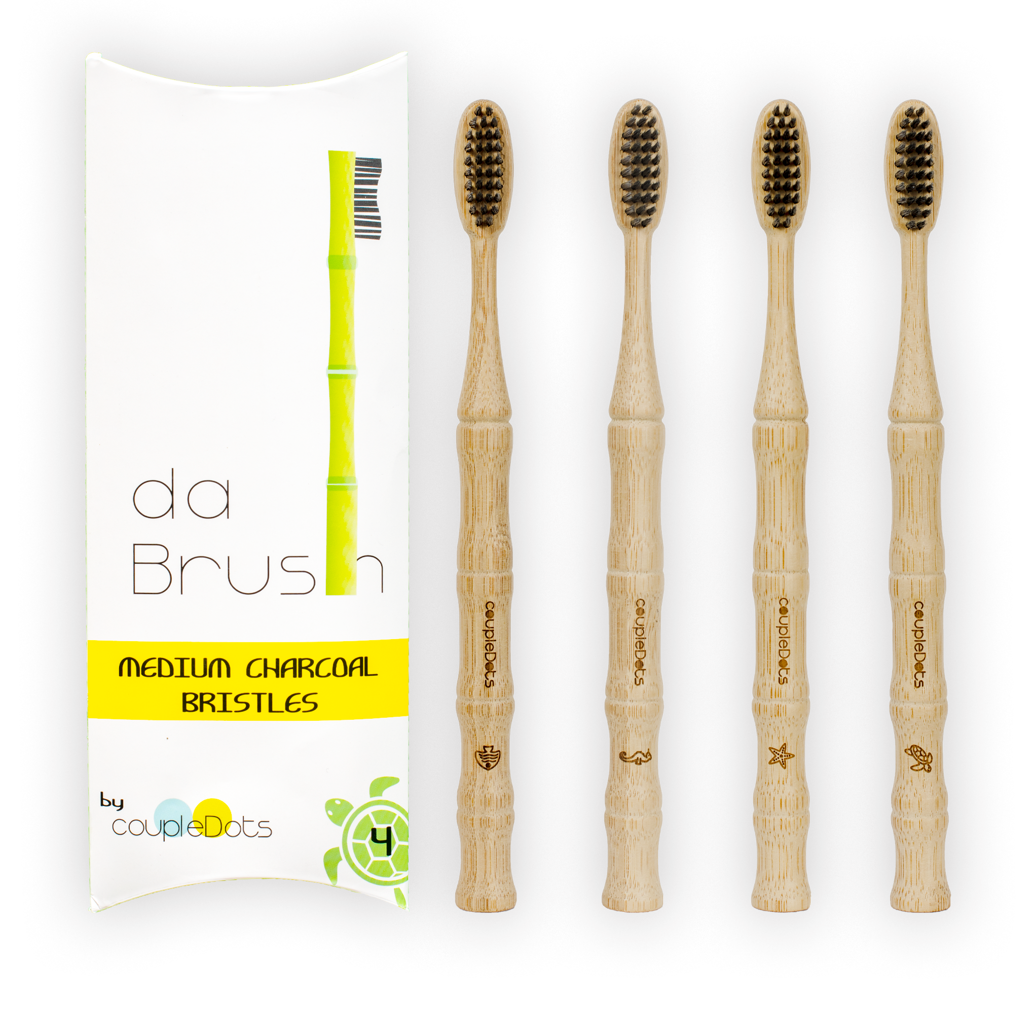 Charcoal Bamboo Toothbrush Set | Medium Hardness | Adult Size (Set of 4)