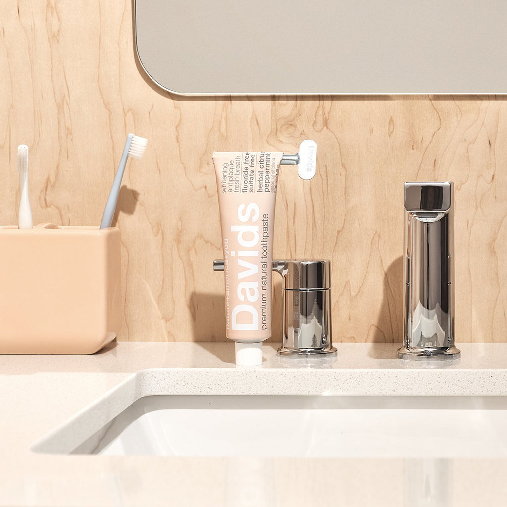 David's toothpaste natural herbal and citrus on a bathroom sink