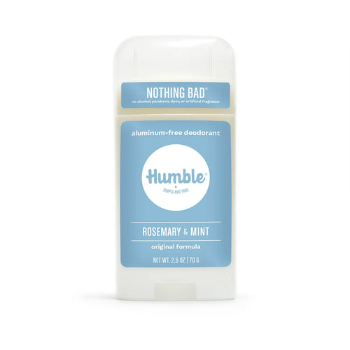 A stick of Humble Rosemary & Mint deodorant with a light blue label on a plain white background.