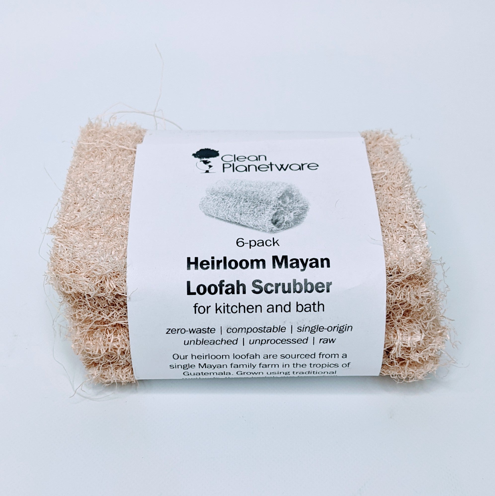 Packaged Heirloom Mayan Loofah Scrubbers in beige color, labeled for kitchen and bath use, sold in a 6-pack.