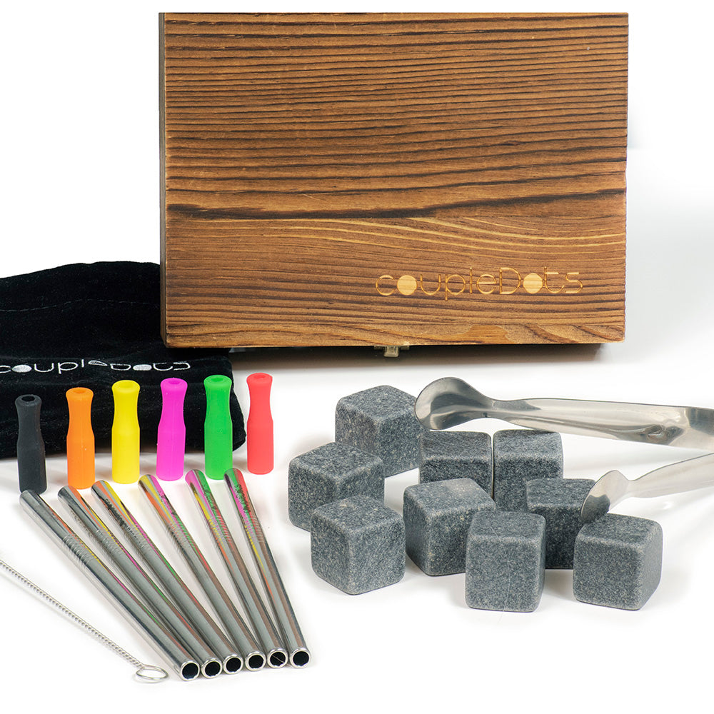 coupleDots Whiskey Stones and Stainless Steel Drinking Straw Set