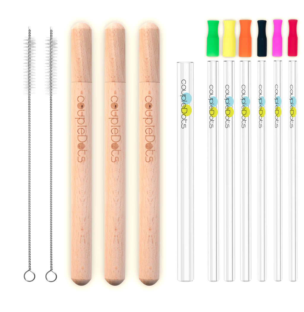 coupleDots Reusable Glass Drinking Straws with Wooden Case includes Bubble Tea Straw